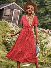 Bohemia A-Line Lace-Up Polka-Dot V-Neck Maxi Dress